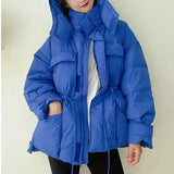 Winter Hooded Parkas Warm Jacket Women Down Cotton Coat Irregular Fluffy Bubble Drawcord Waist Outwear