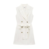 Fashion Simple Slim Fit Blended Short Dress Elegant Solid Color Lapel Summer Dress With Belt Dresses Bouble Breasted Dress