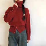 Turtleneck Sweater with Buttons Decor Funnel Neck Pullovers Grey Jumper for Women Ladies Cosy Autumn Winter Casual Outfit