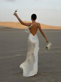 Elegant White Satin Backless Maxi Dress For Women Sexy Bodycon Sleeveless Tassels Pleated Long Dresses Vocation Beach Party Robe
