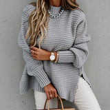 Chunky Knitted Mock Neck Sweater Side Slit Long Sleeve Pullover Female Knitwear Autumn Winter Women Casual Chic Outfit