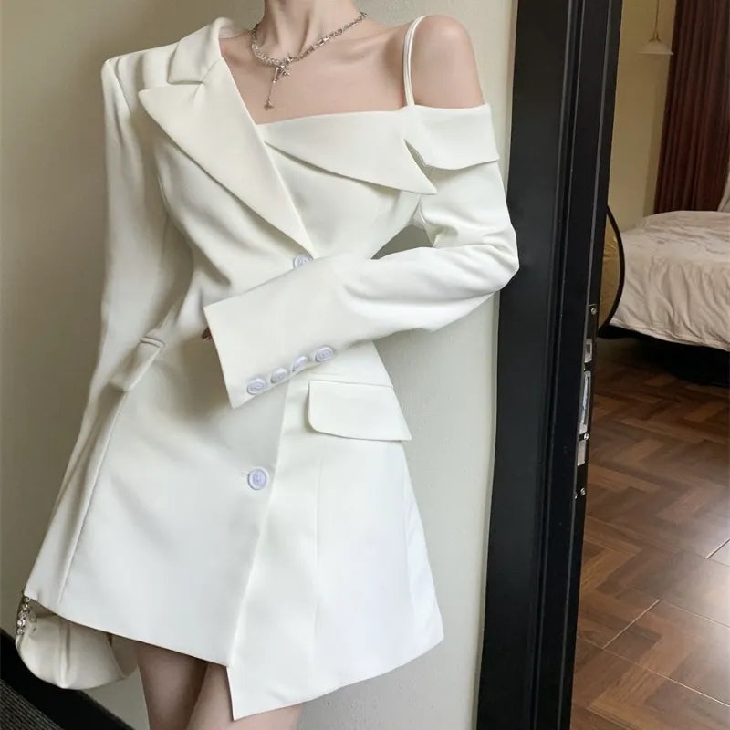Chic Korean Fashion Dress Women Elegant Temperament Off Shoulder Dresses Spring 2023 Irregular Slim Button Up Blazer Dress