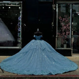 Pbong  Blue Glittering Quinceanera Dresses Beading Appliques Off-shoulder Vestidos De 15 Anos Birthday Party Customized