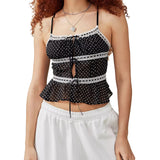 Women Dot Print Camisole Slim Lace Trim Tie Front Square Neck Backless Spaghetti Strap Crop Tank Tops Summer Clothes