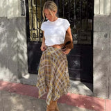 Pbong  Women New Design Asymmetric Hem A-line Mid-rise Plaid Midi Skirts Thin faldas mujer