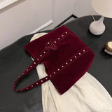 Pbong  New Faux Suede Casual Tote Bags Large Capacity Rivet Vintage Handbags Designer Elegant Solid Retro Shoulder Bags