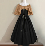 Pbong  Halloween Costumes for Women Medieval Retro Contrasting Color Slim Swing Dress One-word Shoulder Dress Love Live Cosplay