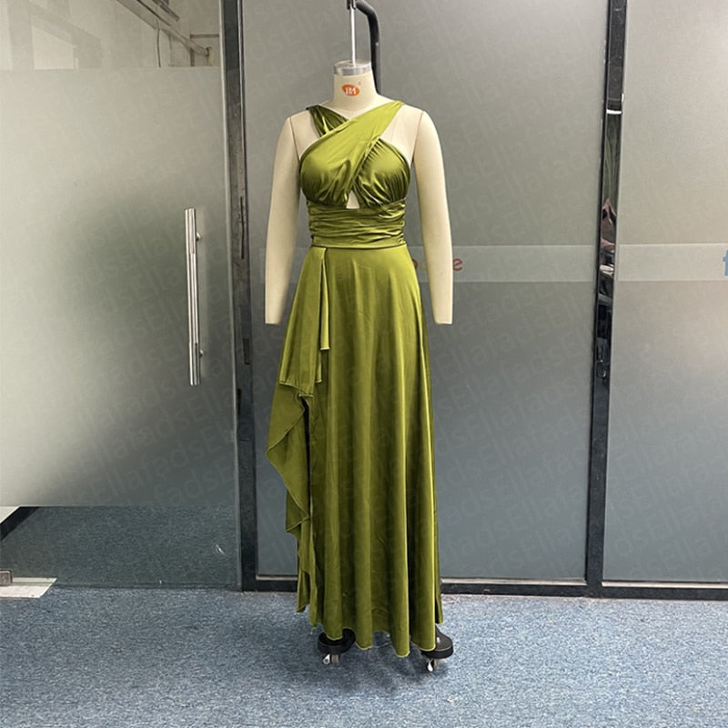Women Maxi Dress Summer Elegant Solid Cross Tip Up Sleeveless Irregular Pleated Hollow Out Evening Dresses Streetwear