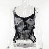 New Punk Grunge Fairy Y2K Tops Gothic Dark Style Sexy Lace Patchwork Printed Glass Bead String Strap Top for Women