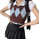 Vintage Plaid Sweater Vest Women V-neck Sleeveless Tank College Style Knitting Pullovers Tops for Daily