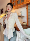 Fairycore Lace Up Blouse Women Long Sleeve New Turn Down Collar Shirts Feminina Ladies Cropped Tops Korean Fashion Chic
