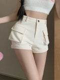 Pbong  Korean Casual Cargo Shorts Women Pockets High Waist Streetwear Shorts Summer All Match Lady Simple Solid Slim Cargo Shorts