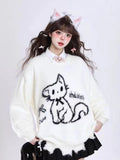 Kawaii Hole Sweet Sweaters Women Vintage Faux Mink Cashmere Cartoon Knitted Jumper Preppy Style Cute Japan Lazy Wind Tops