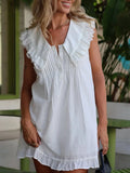 Pbong  White French Casual Loose Mini Doll Dress for Women Ruffled Collar Sleeveless Lace Accent for Summer Beach Getaways