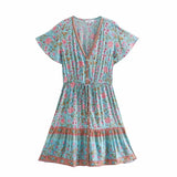 Pbong  Floral Boho Mini Dress Vintage Casual Summer Women Dress Flare Sleeve V-neck Button Front Ladies Chic Female Dress New