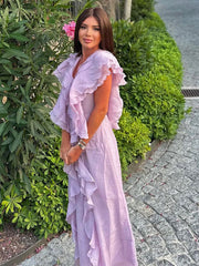 Elegant Ruffles Layer Long Dress Women Sexy V-neck Sleeveless High Waist Dresses Fashion Female Evening Party Club Vestidos