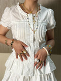 Women's Button Down Shirts Stylish Ruffled Trim Crew Neck Short Sleeve Slim Fit Tops Casual Y2K Gothic Blouse for Summer