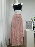 2025 New Beige Long Skirt For Women Casual Solid Color Elastic Waist Pleated Spring Summer Skirt Fashion Simple Woman Clothing