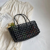 Small Solid Color Weave Tote Bags for Women Fashion Summer Shoulder Bags Simple Handbags Hollow Out Beach Bag