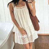 Pbong  Women Fairy Lace Mini Dress Y2k Floral Lace Trim Ruffle Short Dress Vintage Coquette Backless Mesh Babydoll Dresses