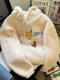 Winter Faux Lamb Sweet Coat Women Cute Cartoon Embroidery Warm Jacket Casual Loose Long Sleeve Korean Fashion Hooded Tops