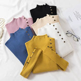 Ribbed Knit Top for Women Pullovers Button Decor Mock Neck Sweater Stretchy Long Sleeve Fitted Jumper Teen-girl Fall Winter