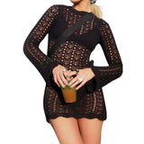 Pbong  Women Knit Hollow Out Dress Long Sleeve Round Neck Backless Short Dress Summer Fall Beach Club Party Wrapped Dreses