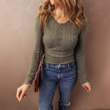 Pbong  New Autumn Winter Solid Color Knitted Tops Women's Round Neck Long Sleeved Button T-Shirt Fashion Pullover Lady Clothes