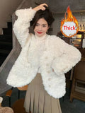 Women Sweet Cute Faux Lamb Coat Winter Warm Thick Slim Long Sleeve Vintage Jacket Korean O Neck Elegant Pearls Buttons Tops New