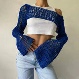Pbong  New Harajuku Grunge Solid Slash Neck Women Crop Pullovers Y2k Aesthetic Knitted Sexy Sweaters Streetwear Hollow Out Autumn Tops