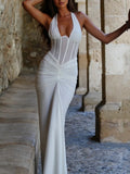 Pbong   Patchwork Sexy Deep V-neck Halter Women Maxi Dress Backless See Through Dress Summer Slim Elegant Party Evening Dress