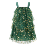 Pbong  Women Christmas Tree Sequined Glitter Star Sleeveless Loose Fit Ruffled Layered Tiered Holiday Loose Tulle Mini Dress