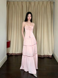 Pink Satin Backless Maxi Dress For Woman Shirring Beading A Line Long Tube Dress 2025 Summer Vacation Clothes