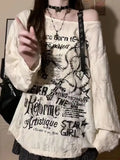 Vintage Y2K Oversize Off shoulder T shirt With Print Women Hole Hip hop Long sleeve Baggy Basic T shirt Pulovers Ladies Tops