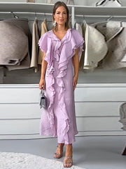 Elegant Ruffles Layer Long Dress Women Sexy V-neck Sleeveless High Waist Dresses Fashion Female Evening Party Club Vestidos