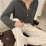 Women Crop Cardigan Collared Front Pocket Long Sleeve Button Down Sweater Jacket Cardi Female Autumn Winter Casual Chic
