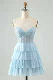 Pbong  Lace Tiered Chiffon Homecoming Dresses Strapless Corset Short Prom Dresses for Teens
