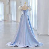 Pbong  Blue Square Collar Evening Dress Simple Long Slim Waist Party Dresses Bow Puff Sleeve Pleated Princess Prom Dresses Customized