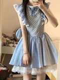 Pbong  Cute Sweet Blue Plaid Dress Women Elegant 3D Floral Flying Sleeve Mini Dress Japan Vintage Slim Kawaii Lace Patchwork Dress