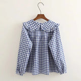 New Autumn Cotton White Shirts Women Student Sweet Tops Girl Peter Pan Collar Plaid Casual Cute Loose Blouses Spring T39132QM