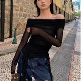 Fashion Sexy Off The Shoulder Slash Neck French Tops Y2k Harajuku Vintage American Slim Lrregular Design Clothing French Shirts