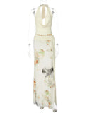 Mesh Print Skirt Two Piece Sets Women Halter Backless Tank Tops And Maxi Skirt Female Slim Summer Split Dress Sets