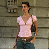 V Neck Short Sleeve T shirt For Women Lace Splice Puff Sleeve Top Slim Buttons Short T shirt Solid Sexy Hot Girl Tanks