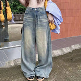 Pbong  Spring Autumn Vintage Chicly Button Jeans Women American Simple Baggy High Waisted Denim Pants Washed Y2K Wide Leg Jean Trousers