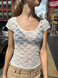 White Lace Sexy Transparent Crop Top Summer Short Sleeve Crew Neck Thin Streetwear T-shirt Women Casual Chic Cute Tees Tops 2023