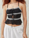 Women Dot Print Camisole Slim Lace Trim Tie Front Square Neck Backless Spaghetti Strap Crop Tank Tops Summer Clothes
