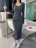 Ribbed Knitted Ruched Folds Long Dress