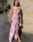 Flower Print Dress Woman Summer Strapless Splits Irregular Tassel Patchwork Backless Bandage Party Skinny Vestidos