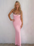 Elegant Spaghetti Strap Print Patchwork Maxi Dress For Women Strapless Sleeveless Backless Bodycon Sexy Long Dress