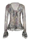 Vintage Floral Print Ruffles Mesh Shirts Women See Through Sexy Ruffle Sleeve Open Stitch Lace-Up Aesthetic Clothes